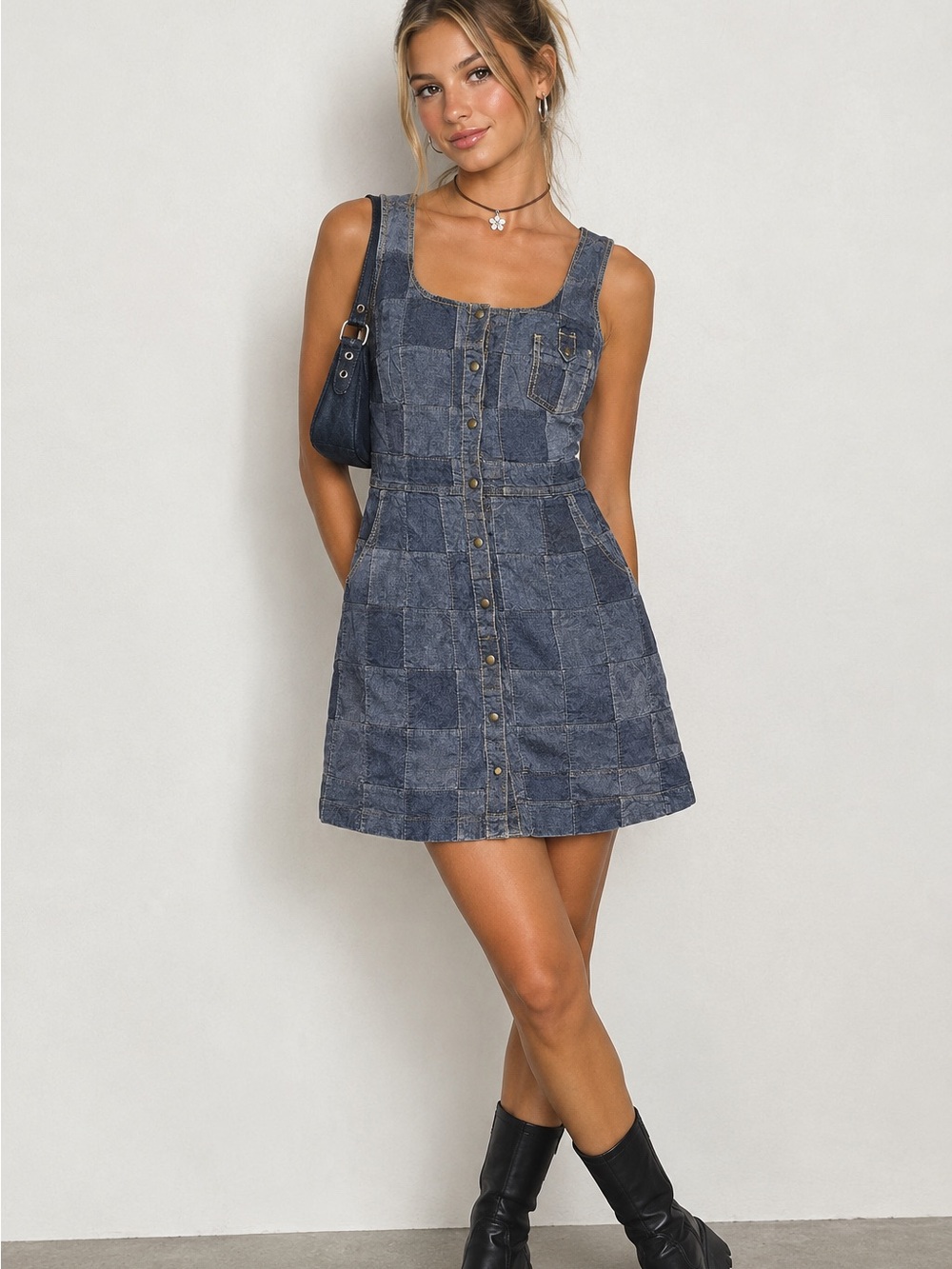 Denim Patchwork Button-Front Mini Dress Y2K 90’s Vintage trendy